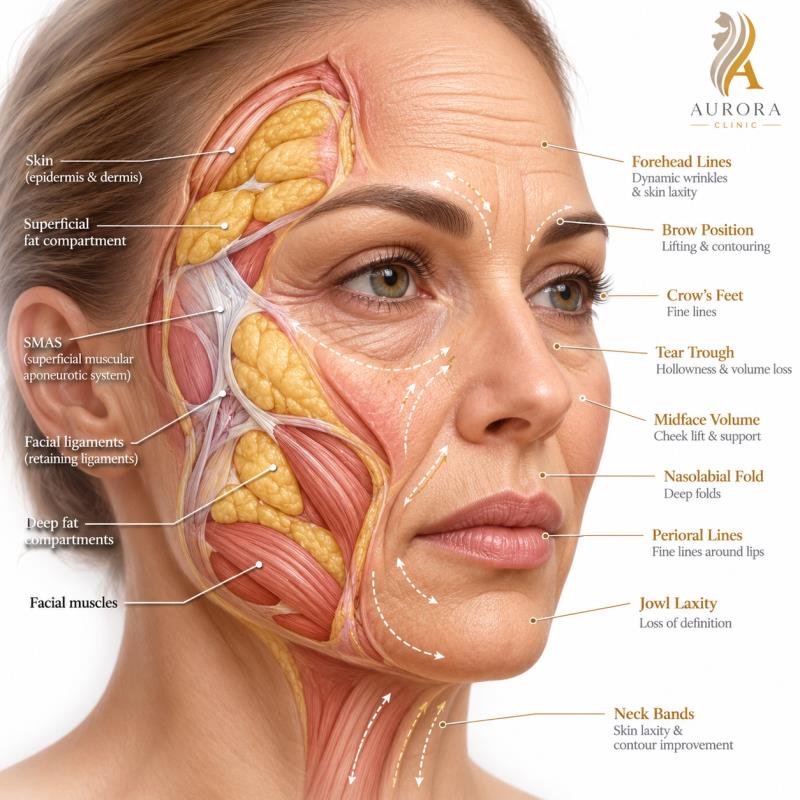 Educational illustration of facial and skin anatomy for general skin-care education at Aurora Clinic.