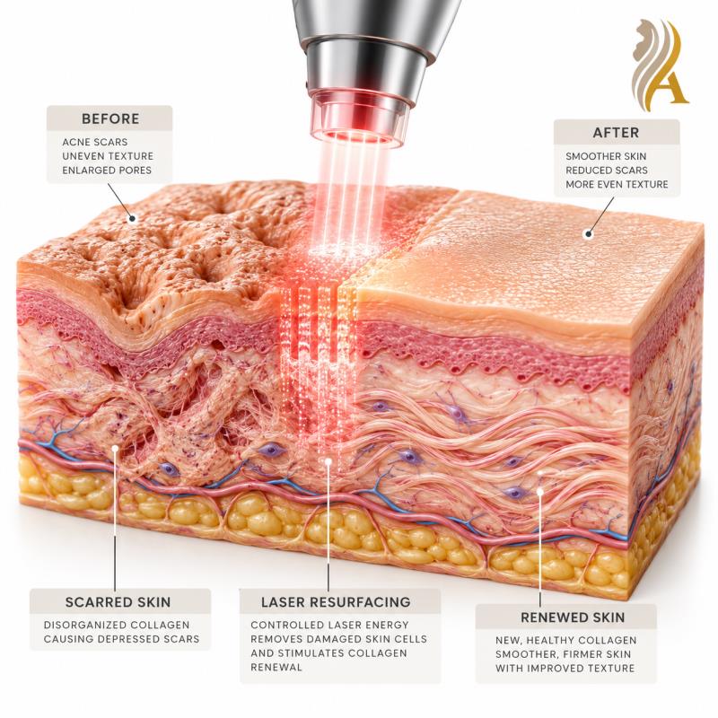 Educational illustration of skin layers and a rejuvenation treatment at Aurora Clinic.