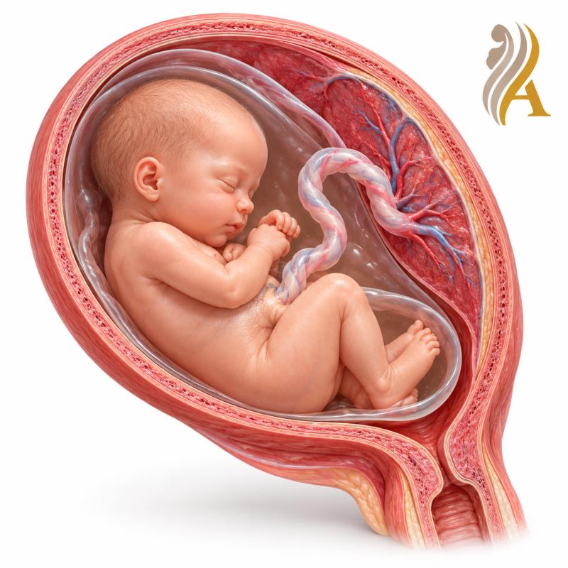 Educational 3D illustration of fetal development for pregnancy-care education at Aurora Clinic.